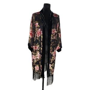 Women's Unbranded Long Floral Burnout Velvet Floral Kimono With Fringe OS